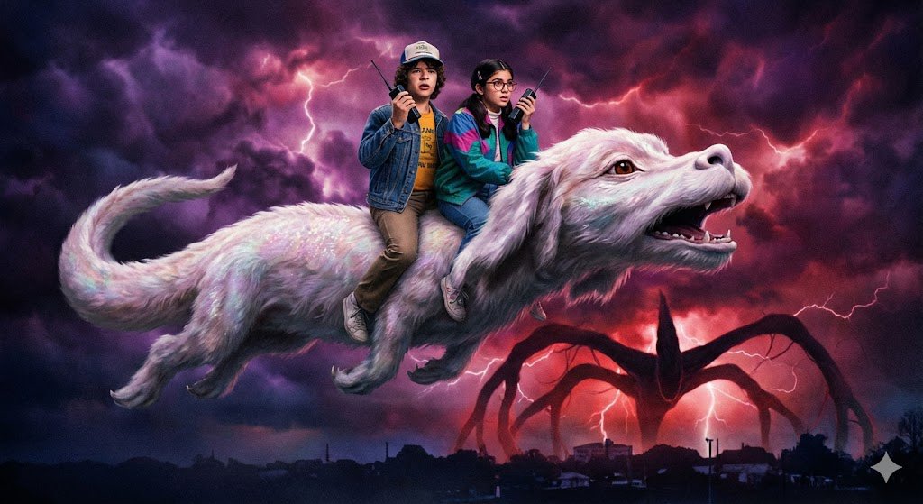 DamonSings's tweet photo. This is the ending we all needed in Stranger Things 5. Dusty-Bun, Suzie-Poo, Eleven and Falcor The Dragon VS The Mind Flayer and Vecna #StrangerThingsSeason5 #StrangerThings #StrangerThingsFinale #dustybun #suziepoo #ai https://t.co/pR24cBLibQ