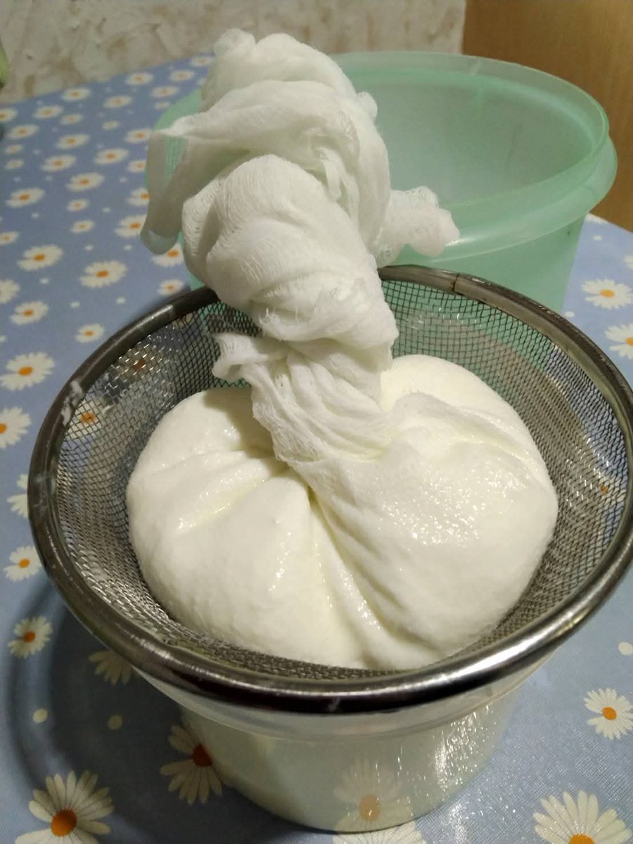 bkk_fumito's tweet photo. 妻が今までに牛乳と市販のヨーグルトで手作りのヨーグルトを何回も作っていました。今回は出来たヨーグルトからギリシャヨーグルトを作りました。
もう少し時間をかけて水切りをしたら完璧に出来たと思いますが、初めてという事で良しとしました。早速、試食するとクリーム状のヨーグルトは濃厚で美味 https://t.co/8jJljVfwXY