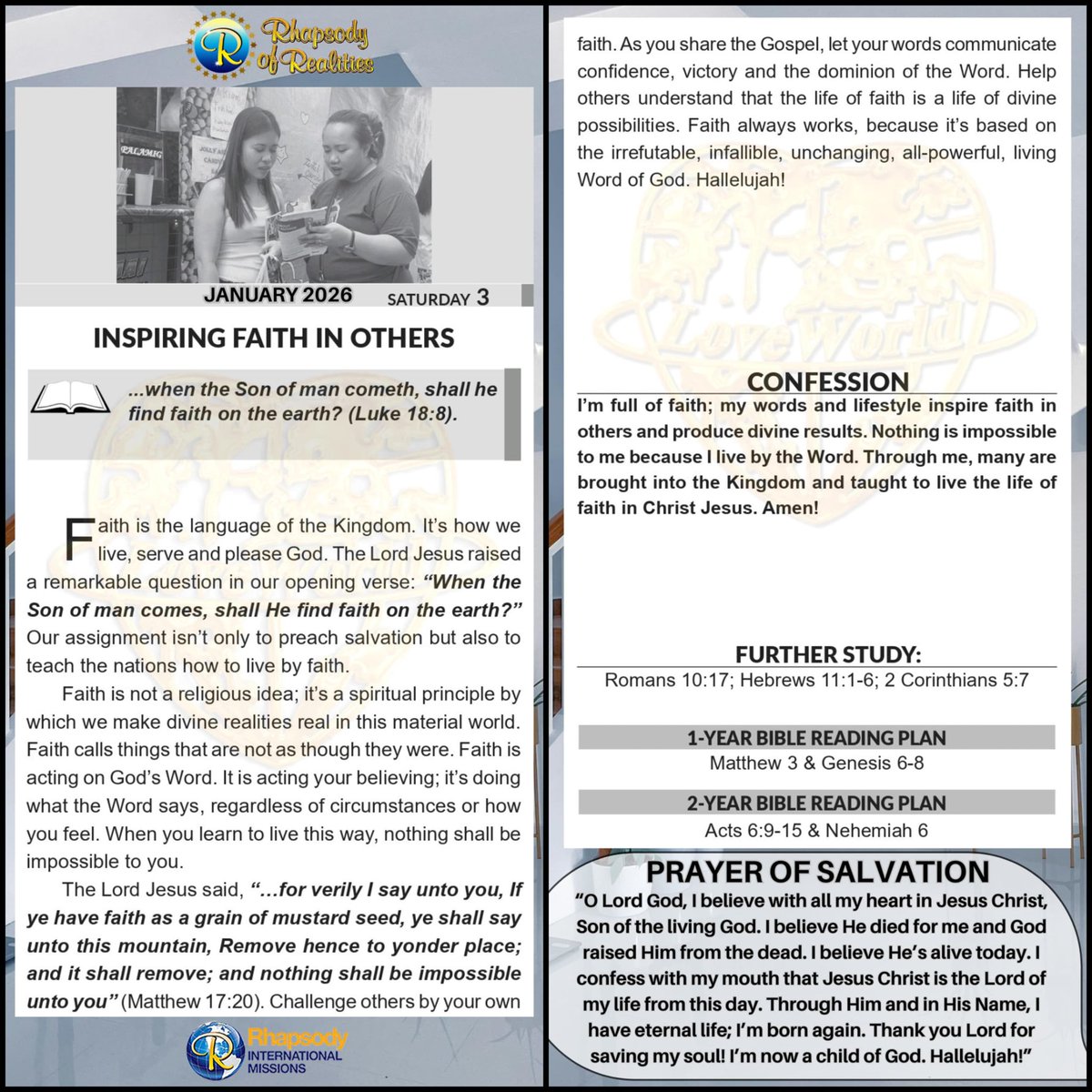 oluk272903's tweet photo. *Rhapsody Of Realities Daily Devotional*

_Saturday, January 3rd 2026_

*INSPIRING FAITH IN OTHERS*

_*...when the Son of man cometh, shall he���� find faith on the earth? (Luke 18:8).*_

Faith is the language of the Kingdom. It’s how we live,.....

#FaithInAction https://t.co/2TNwWxQQS8