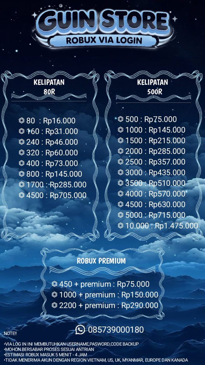 Guinness015's tweet image. haloo, aku open robux vilog kelipatan 80r &amp;amp; 500r, gig sama redfinger juga ready yaa (bisa tanya stock terlebih dahulu)

📞 wa.me/6285739000180
📌 bit.ly/Guinness-Testi

#zonauang #zonaba