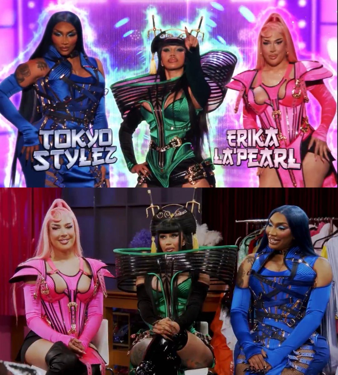 Cardi B brought along her hairstylist, Tokyo Stylez, and her makeup artist, Erika La'Pearl, for a little chat with the girls of #DragRace Season 18.