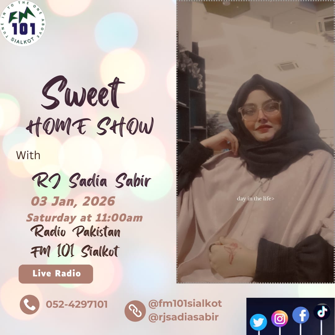 FM101Sialkot's tweet photo. ποΈ #RJ #SadiaSabir LIVE on #SweetHomeShow!
ποΈ 03 Jan 2026 | β° 11 AM
π Call: 052-4297101
π² SMS: 101S <> 4471
#StayTuned to #FM101Sialkot, Radio Pakistan π΅π°
#rjsadiasabir #radio #SaturdayVibes #Trending #RadioPakistan https://t.co/RXje1YgVWu