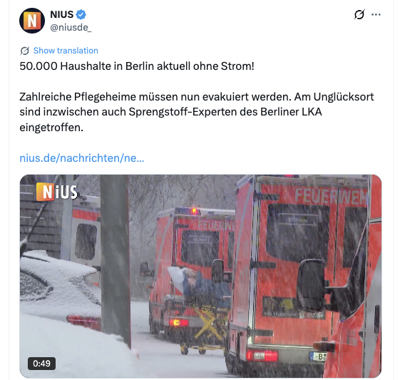 Berlin: Linksterror schneidet 50.000 Haushalt vom Strom ab

Die Wähler Berlins haben diesen Linksterror verdient. Sie haben ihn genau so gewollt und immer wieder gewählt. Sie haben all das Leid verdient, das sie mit Gewissheit immer stärker und immer schneller ereilen wird.