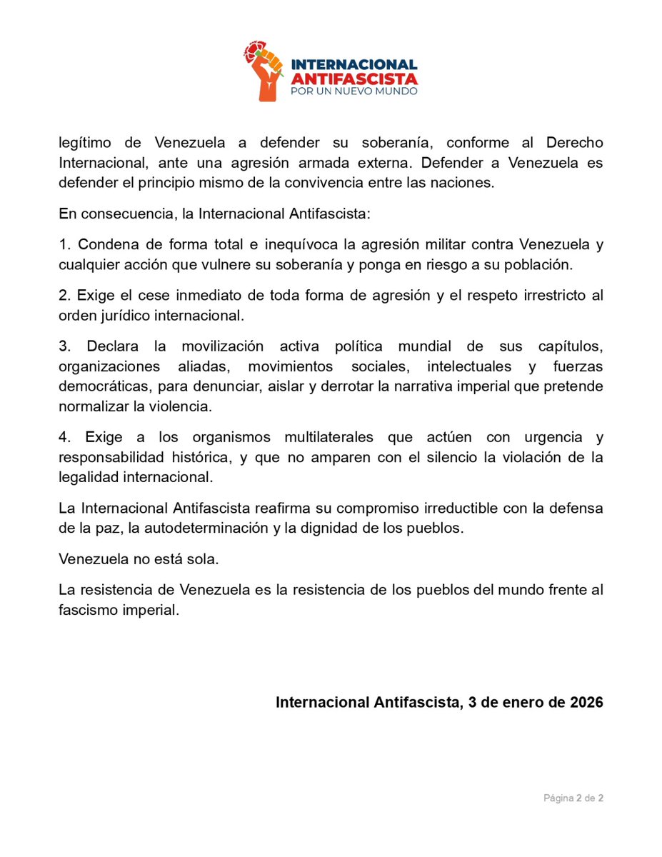 Condenamos con fuerza el criminal  #bombardeo de EE.UU. contra #Venezuela. 
Es una brutal agresión imperial que viola su soberanía. 
Toda nuestra solidaridad con el pueblo venezolano en resistencia.

 ¡ La República Bolivariana de Venezuela no está sola!