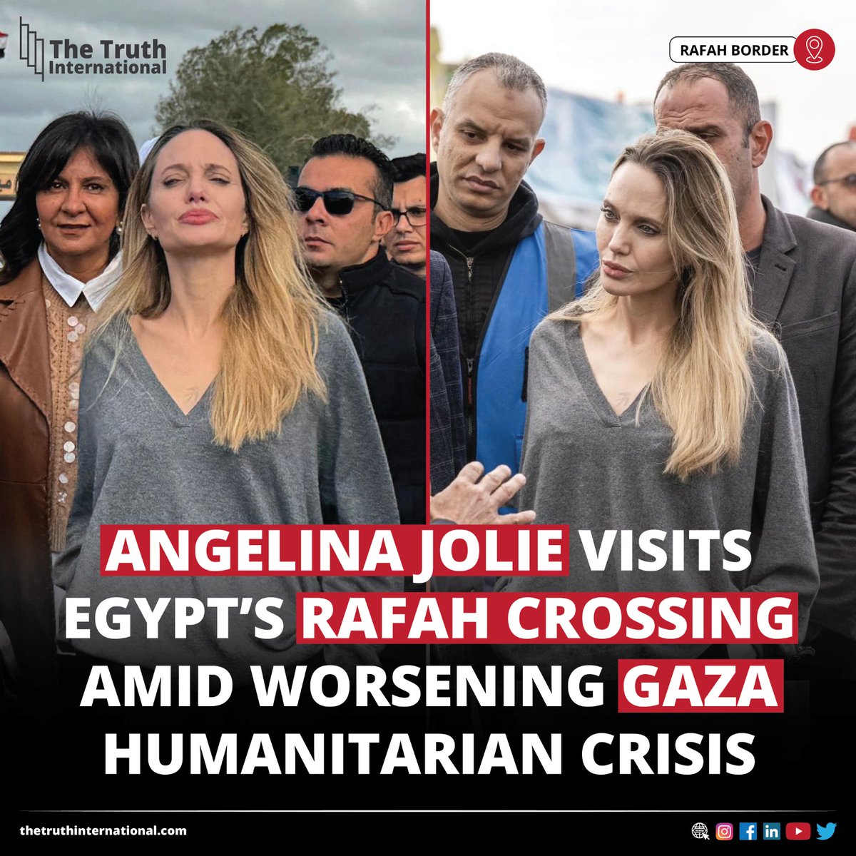 ttimagazine's tweet photo. Angelina Jolie Visits Egypt’s Rafah Crossing Amid Worsening Gaza Humanitarian Crisis
FIND MORE: https://t.co/qbZYkkjuuH
#AngelinaJolie #Visits #Egypt #RafahCrossing #Worsening #Gaza #Humanitarian #Crisis #RafahBorder #TTI https://t.co/oA4G2yzlzi