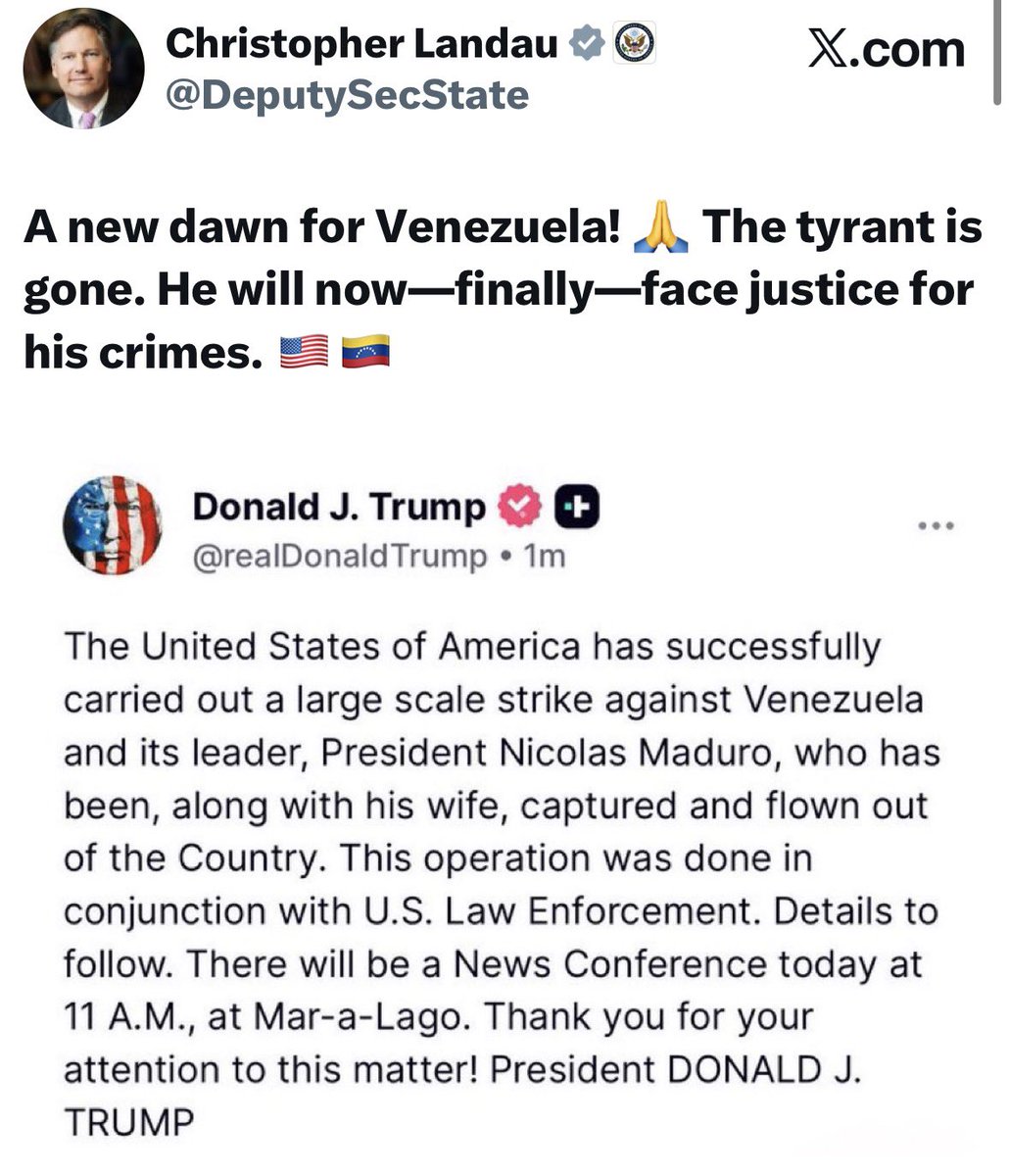 🚨| ÚLTIMA HORA: El Subsecretario del Departamento de Estado de EE.UU.:  “¡Un nuevo amanecer para Venezuela! 🙏 El tirano se ha ido. Ahora,  finalmente, se enfrentará a la justicia por sus crímenes”. 🇺🇸🇻🇪