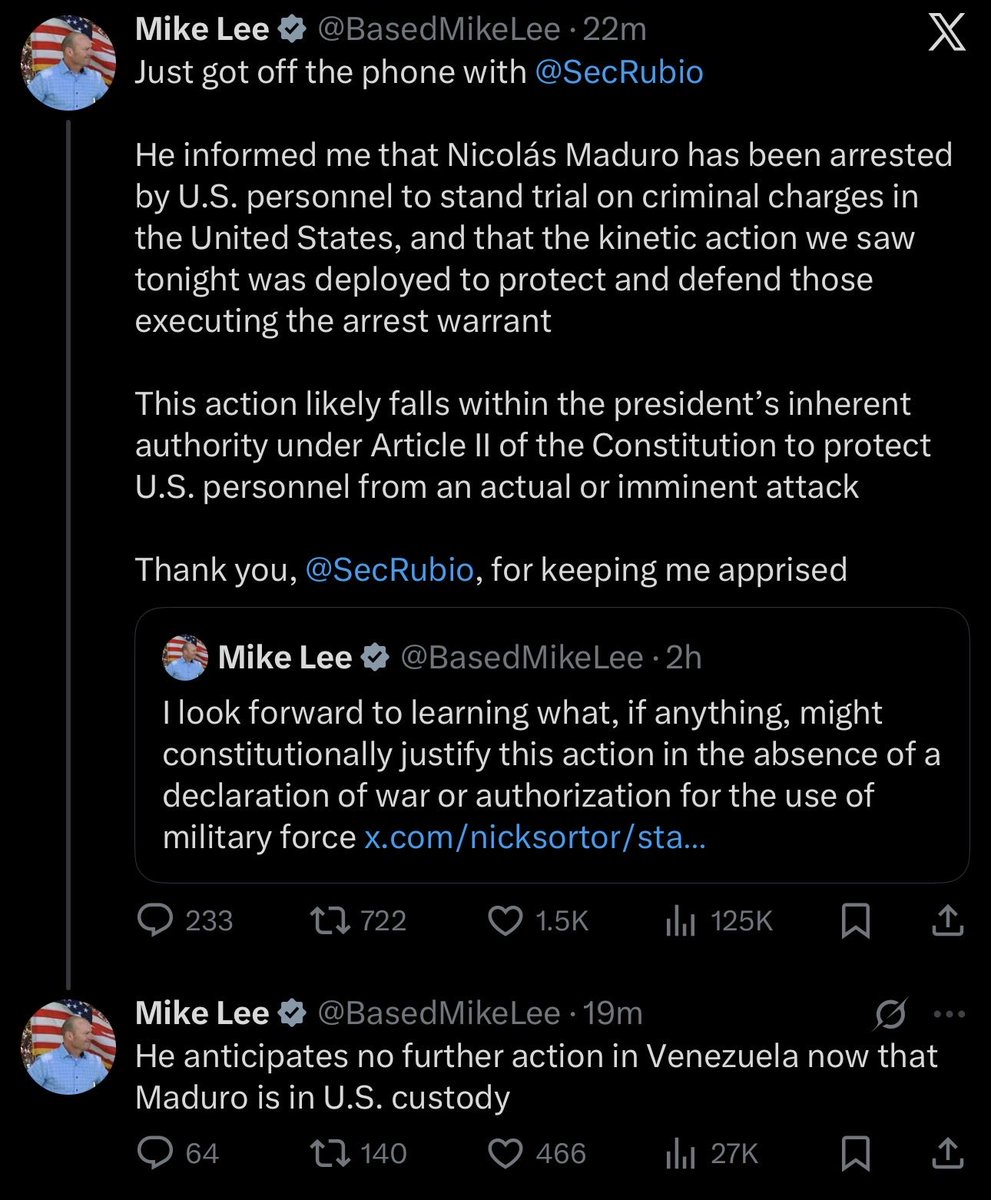 TrumpTruthOnX's tweet image. ⚡️🇺🇸🇻🇪BREAKING:

Republican Sen. Mike Lee says he just spoke with Secretary of State Marco Rubio, who told him that Venezuelan President Nicolás Maduro was arrested tonight as a part of an arrest warrant and will be brought to the United States to face criminal charges.