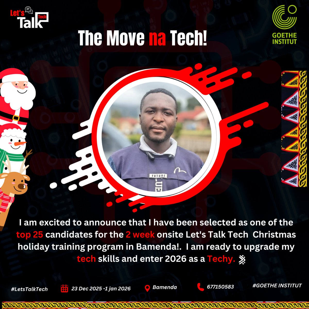 c_wechui's tweet photo. Excited to be part of the 'Let's Talk Tech Initiative' this Christmas break. Special thanks to #MrGraph and #GOETHEINSTITUTE
#LetsTalkTech #WeekOneProgress #TechTraining #LearningInProgress #DigitalSkills #CreativeGrowth #SkillDevelopment #TechCommunity #GOETHEInstitute https://t.co/Oxpn8bNKAs