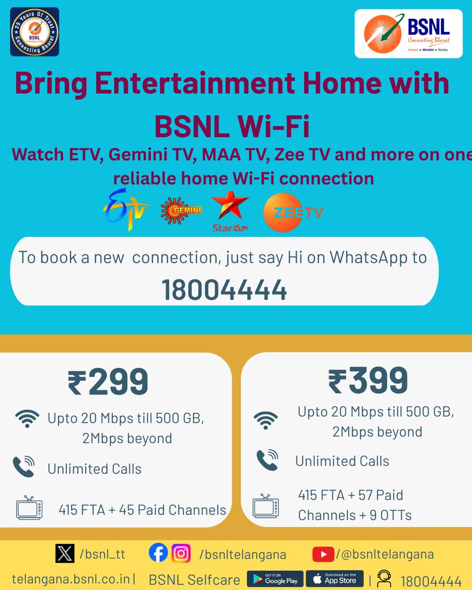 bsnl_tt's tweet image. Why pay more for TV channels?
Get BSNL Home Wi-Fi with TV &amp;amp; OTT entertainment included.
Affordable plans starting at ₹299 &amp;amp; ₹399 — reliable, value-packed &amp;amp; family-friendly.
#HomeWiFi #InternetPlusTV #BSNL #BharatFiber