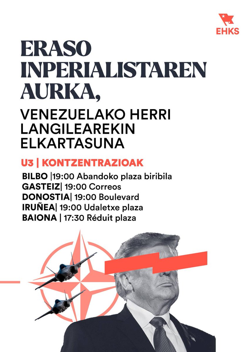 🔴 Gaur Ameriketako Estatu Batuek Venezuelaren aurka egin duten eraso inperialista gogor salatzen dugu eta Venezuelako herri langileari gure elkartasuna adierazten diogu. Asmo honekin, elkarretaratzeak egingo ditugu arratsaldean hainbat hiriburutan.