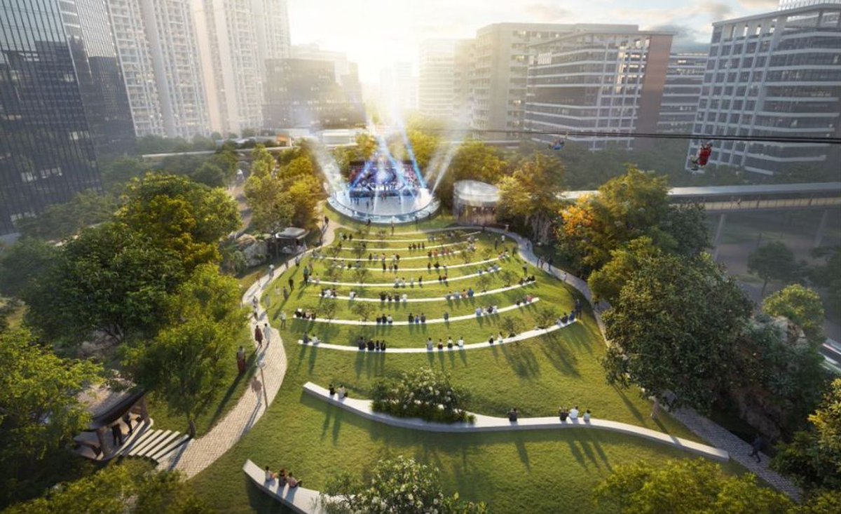 HyderabadMojo's tweet photo. Updated designs of the Sattva - TGIIC Park project at Hyderabad Knowledge City, Raidurg! 🏞️ 

Alongside the green spaces, the project will also feature a 100-metre tall Observation Tower, a zipline, high-end retail, and F&amp;B facilities.

Architect : Andy Fisher Workshop (AFW) https://t.co/C8k3rRz51q