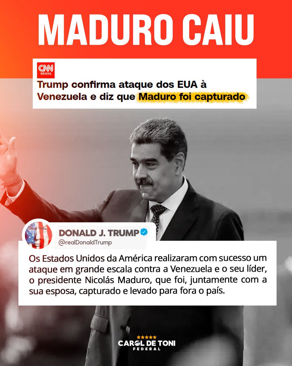 URGENTE! 

Os Estados Unidos confirmaram uma ofensiva militar que resultou na captura do narcodit...