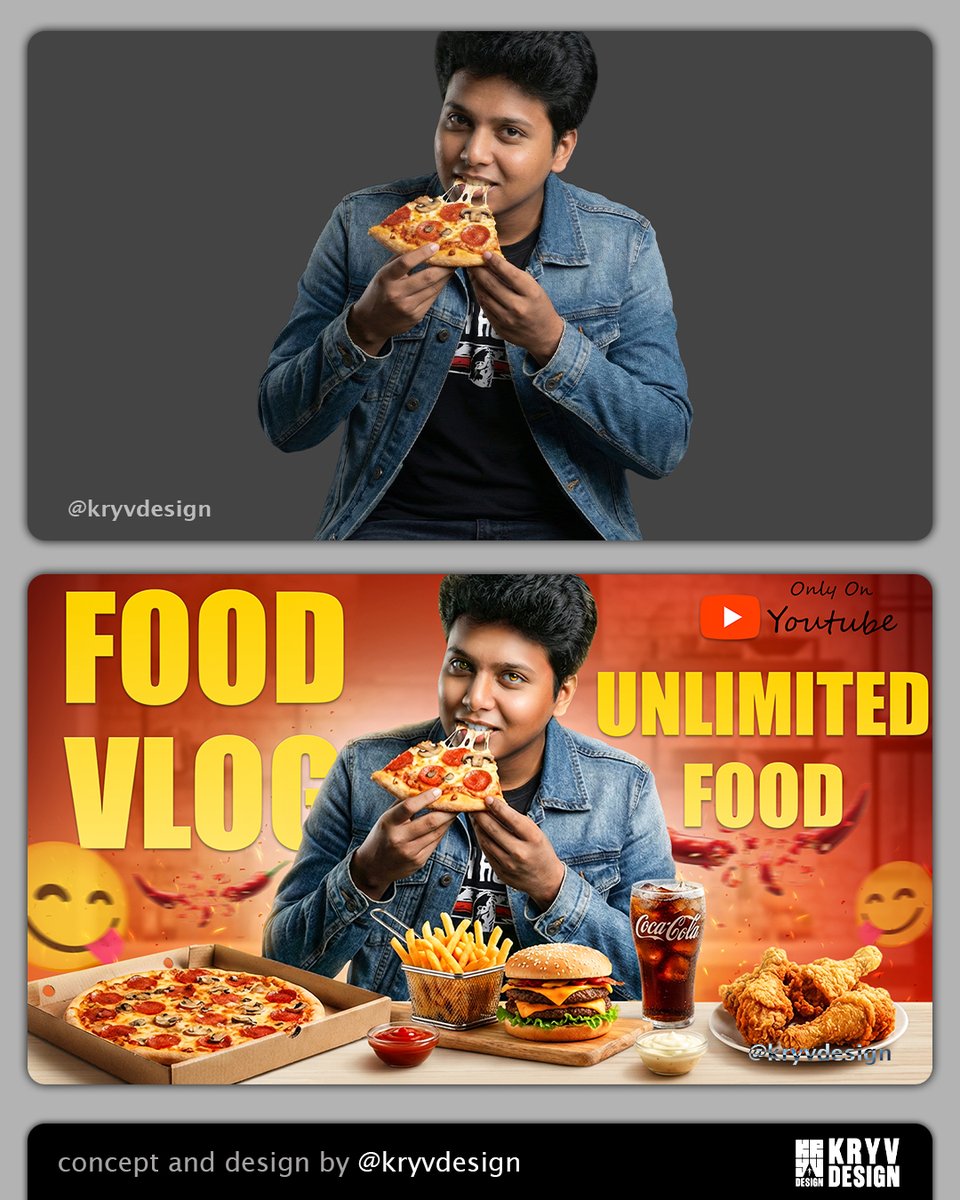 kryvdesign's tweet photo. FOOD VLOG THUMBNAIL DESIGN
.
A high-energy food vlog thumbnail designed to attract viewers through bold text, rich colors, and appetizing visuals.
.
.
DM me for works
.
.
#photoshop #thumbnaildesign #thumbnails #thumbnail #design #photoshopdesign #kryvdesign https://t.co/WDA59VltAR