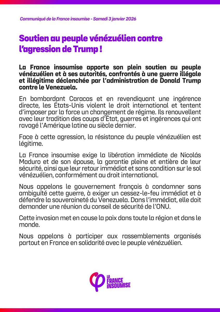 Soutien au peuple vénézuélien contre l’agression de Trump !

Retrouvez le communiqué de la France insoumise : lafranceinsoumise.fr/2026/01/03/sou…