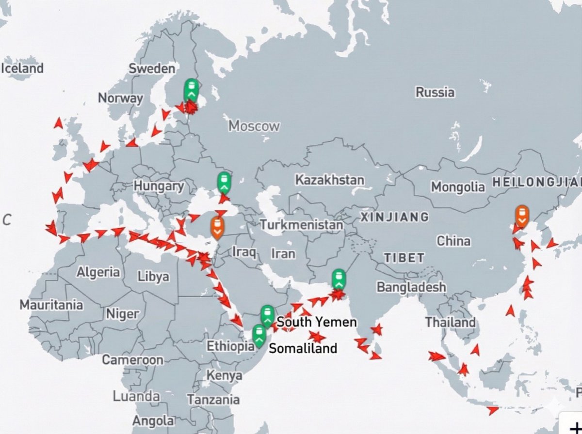 AhmetBeyefendi's tweet image. ➡️ Rusya'nın Ural bölgesinden Hindistan ve Çin'e ham petrol taşıyan petrol tankerleri. Fotoğrafta Kızıldeniz çıkışında bu trafiğe müdahale edebilecek Güney Yemen ve Somaliland’i de işaretledim.