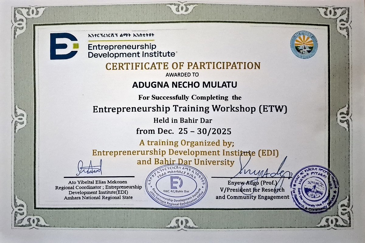 adugnanecho's tweet photo. Proud to complete a 6-day Entrepreneurship Training Workshop (ETW) by EDI &amp; Bahir Dar University and join the Empretec Certified Community! 🚀
#Entrepreneurship #Empretec #Innovation #Networking https://t.co/W9GjySCX0R