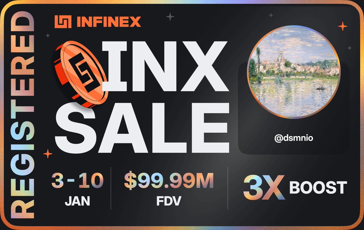 dsmnio's tweet photo. I'm registered for the @infinex sale - $99.99M FDV, 3-10 Jan, 2026 https://t.co/V3Hry1O9vf
