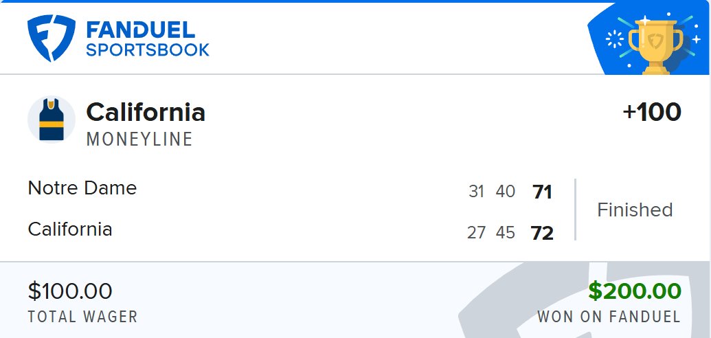 California ML (+100) ✅

not the way you want to win a bet, but hell i'll take it !

#GamblingX