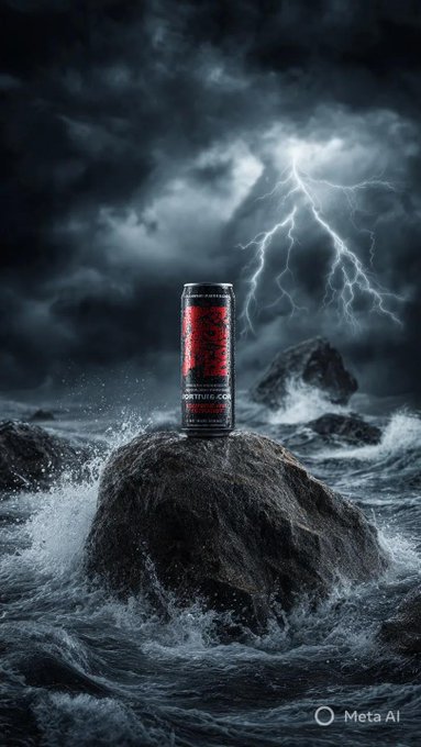 Meta AI

Prompt: Hyper-realistic energy drink can positioned on a massive black rock island in a sto