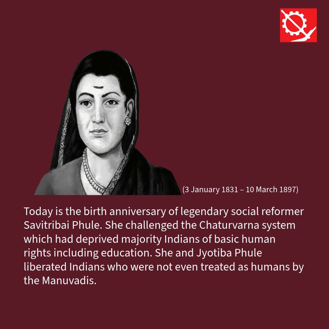 आज भारत की प्रथम महिला शिक्षक एवं समाज सुधारक सावित्रीबाई फुले की जयंती है। उन्होंने चतुर्वर्ण व्यवस्था को चुनौती दी थी, जिसने अधिकांश भारतीयों को शिक्षा सहित बुनियादी मानवाधिकारों से वंचित कर दिया था।

 #SavitribaiPhule #सावित्रीबाईफुले #सावित्रीबाई_फुले