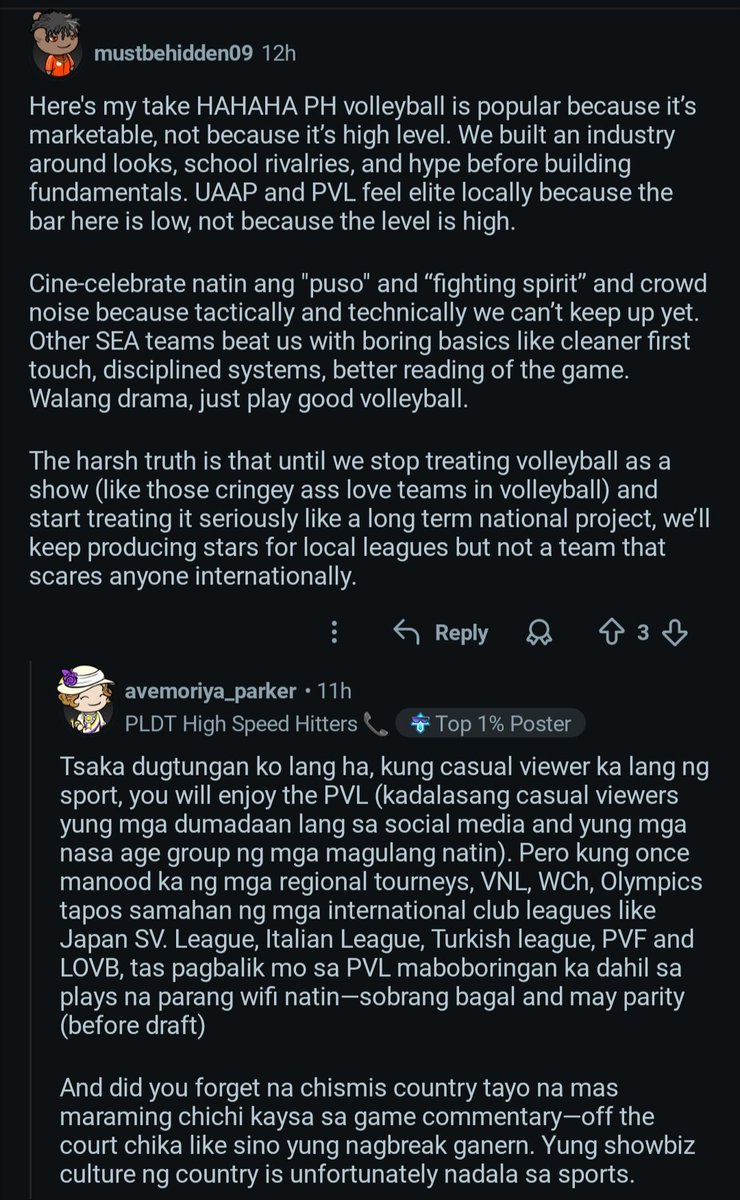 "...PH volleyball is popular because it's marketable, not because it is high level. We built an industry around looks, school rivalries, and hype before building fundamentals."

Harsh take pero kinda true? Parang showbiz ang vball sa Pinas ngl.

#UAAPSeason88 #PVL2026