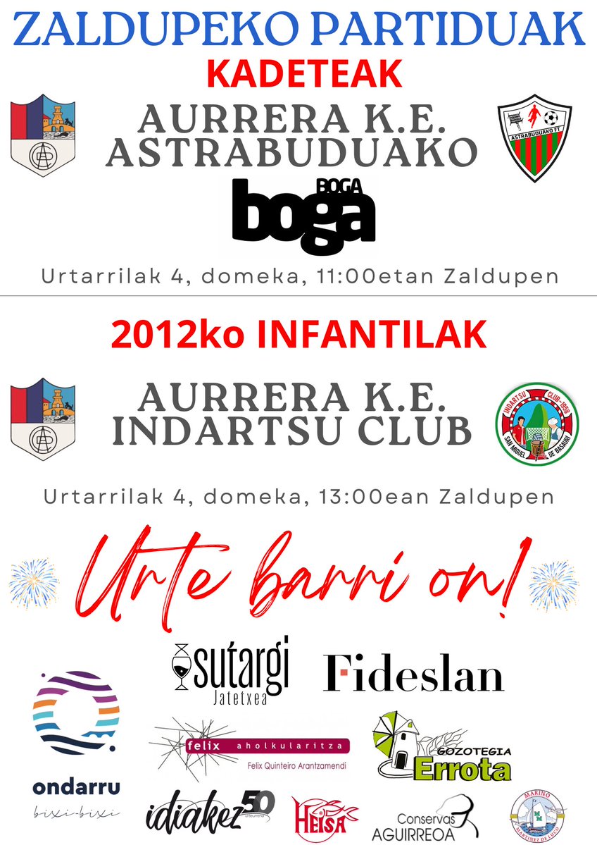 aurreraKE's tweet image. ⚽️ZALDUPEKO PARTIDUAK

Hauek dira bihar Zaldupe udal futbol zelaian jokatuko diren partiduak; gaur ez dago partidurik.

#AurreraBeti 🔴🔵