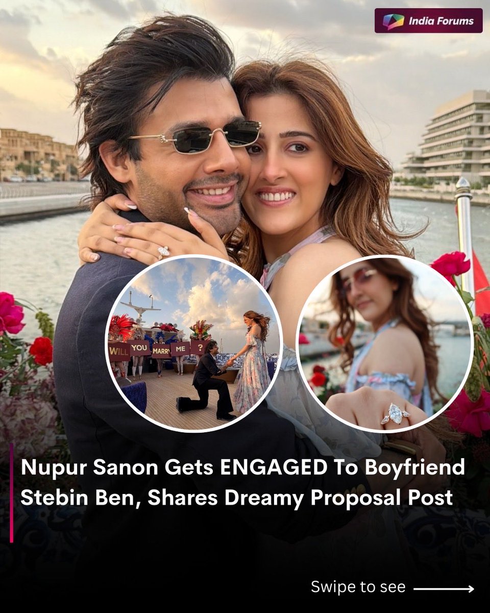 indiaforums's tweet image. In a world full of maybes, Nupur Sanon found her easiest yes. The actor said yes to boyfriend Steben’s heartfelt proposal and shared the special moment with fans.
.
.
.
[ Nupur Sanon Engagement, Steben Proposal, Celebrity Engagement ] #Engaged #Proposal #indiaforums