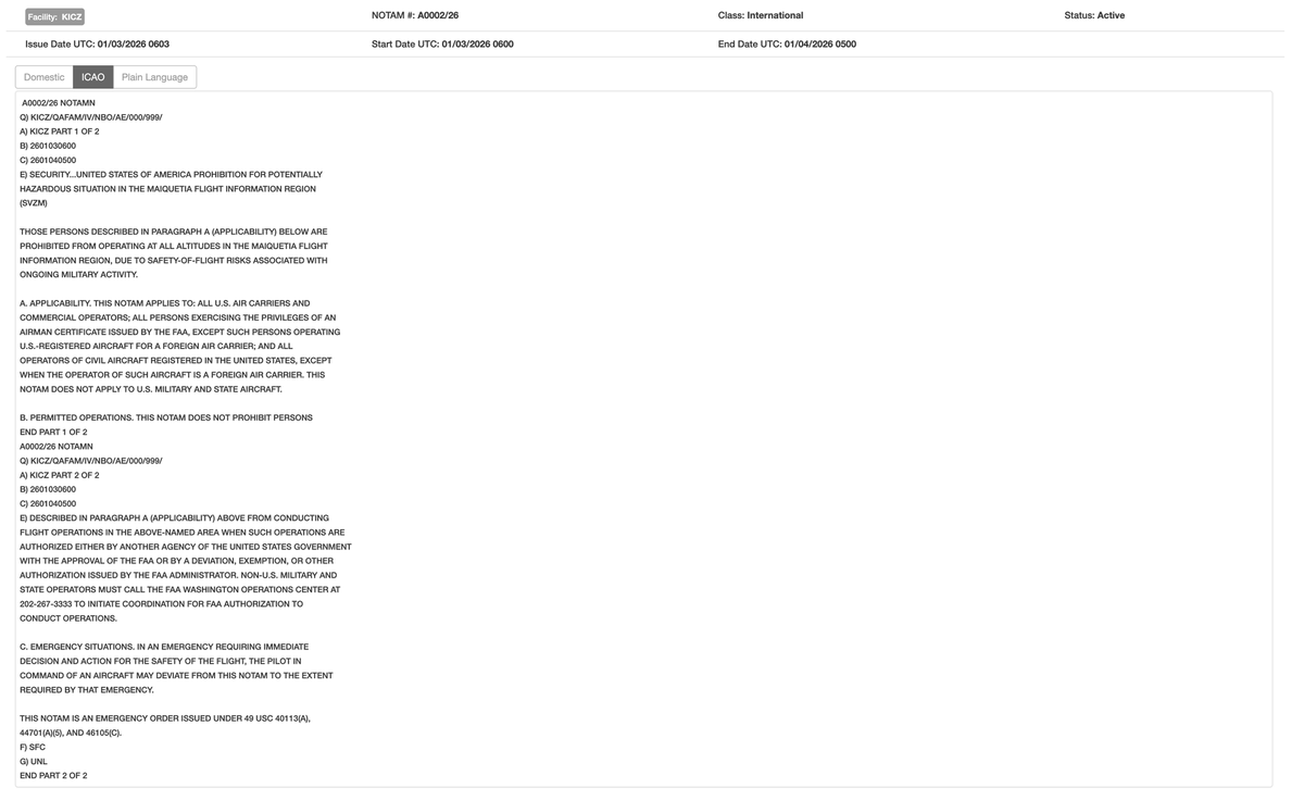 ItsReal_Vaishhh's tweet photo. HUGE 🚨

New Notice to Airmen (NOTAM) issued by the U.S. for over entire Venezuela, prohibiting all flights over the entirety of the country beginning at 6:00am, January 3, 2026.
#Venezuela https://t.co/ZtYCSta6ze