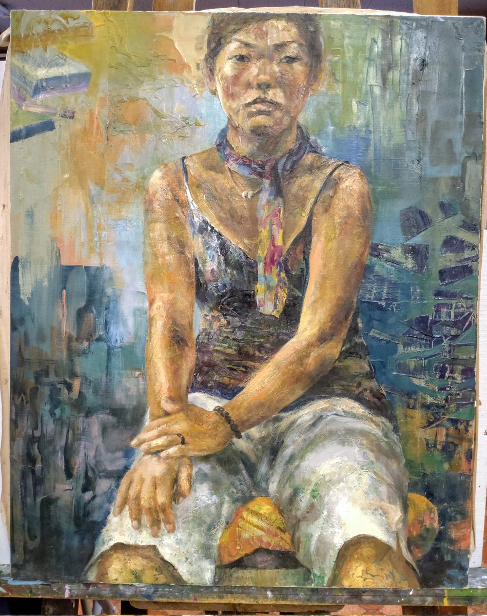 ♥値下げ！　大きな 　油彩画　Ｆ１５号　【人物】　油絵　アンティーク　レトロ 高校2年生の時に描いた人物油彩、F15号。 幼少から絵は独学で描いてい