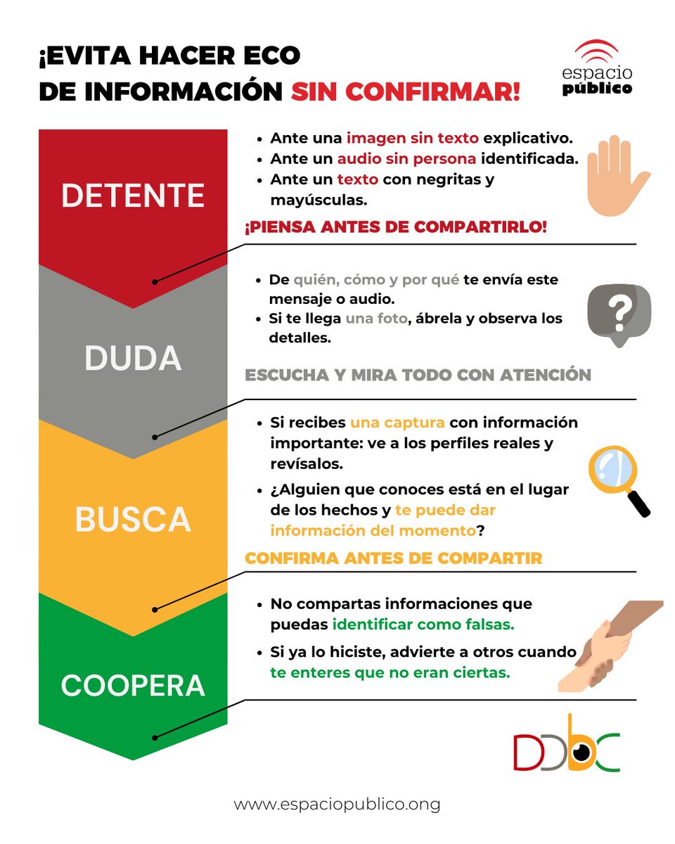 espaciopublico's tweet photo. En situaciones de alta tensión social, dónde la recepción y envío de información son constantes. Es importante que verifiques todo lo que compartes o recibes. https://t.co/7WbZMzOqNC