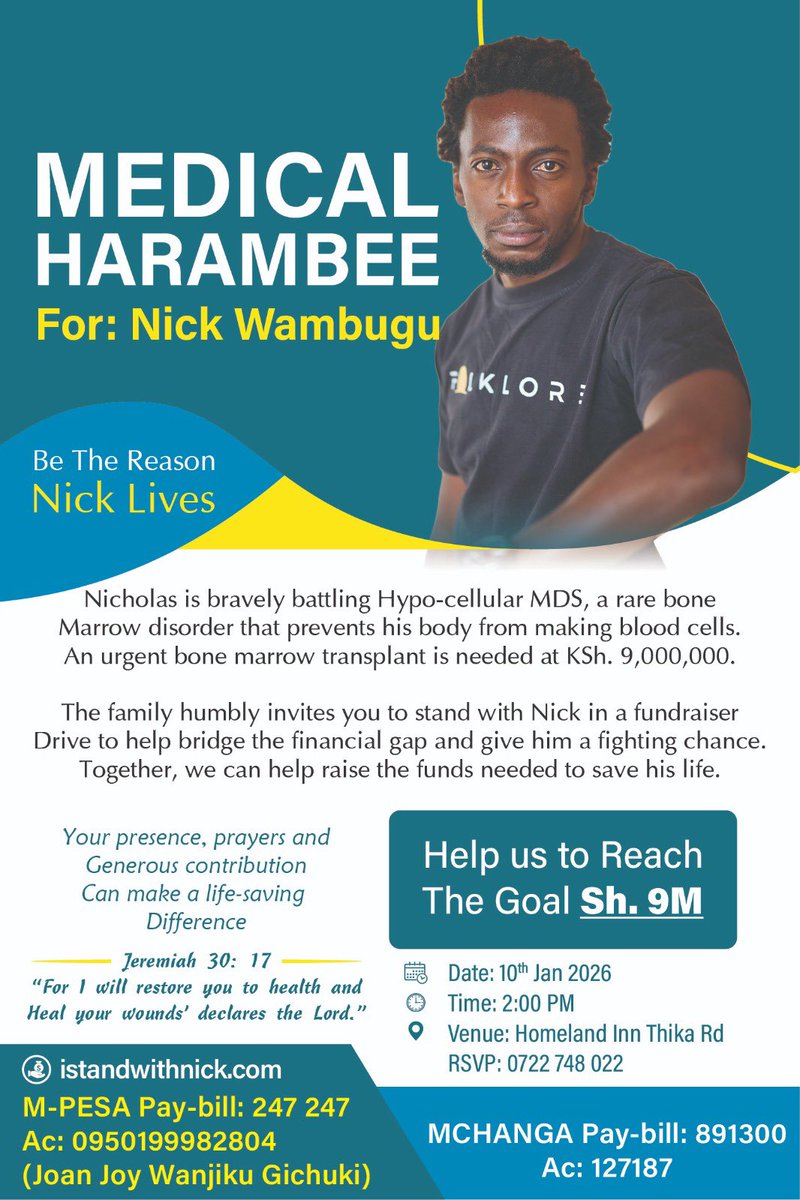 GOOD MORNING KENYANS!

MY COUSIN HAS A FUNDRAISER THIS COMING SATURDAY TO HELP HIM GET THE TREATMENT HE NEEDS IN INDIA. 

IM HUMBLY REQUESTING FOR YOUR CONTRIBUTIONS &amp; PRESENCE IF POSSIBLE SO THAT NICK CAN GET TREATED.

PLEASE SHARE WIDELY ❤️❤️