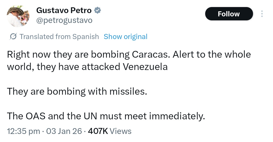 Galactusq's tweet image. 🚨🚨🚨 : Right Now they're bombing Caracas , Alert to the whole world, they have attacked Venezuela - Colombian President