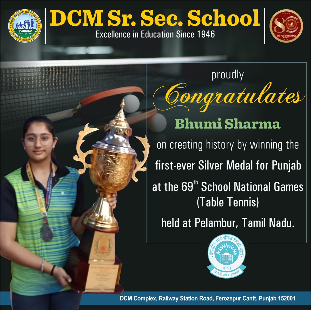 dcmcantt's tweet photo. Heartiest congratulations to Bhumi Sharma of Class X from Ferozepur for winning a 🥈 Silver Medal in Table Tennis at the 69th School National Games.
She made history by becoming the first-ever Punjab player to win a medal at the School National Games. https://t.co/larsxvO0IG