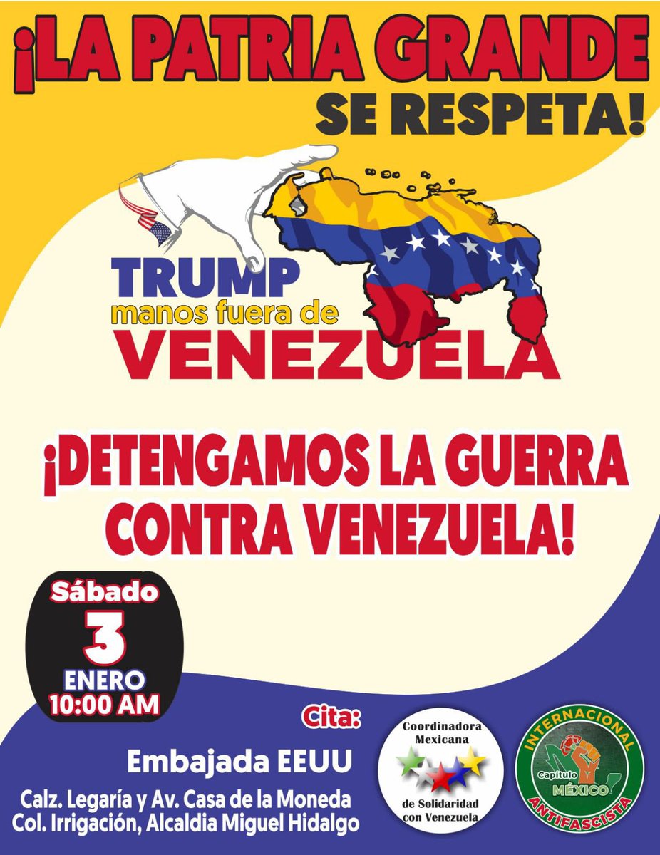 Sasialejandre's tweet image. URGENTE

Mañana, todo CDMX a repudiar los ataques contra Venezuela

Al imperialismo solo se le tiene que abrir una sola puerta para que se deje entrar a toda Nuestra América. No dejemos que sea tarde

Practicaron en Gaza lo que ya trajeron a nuestra casa
