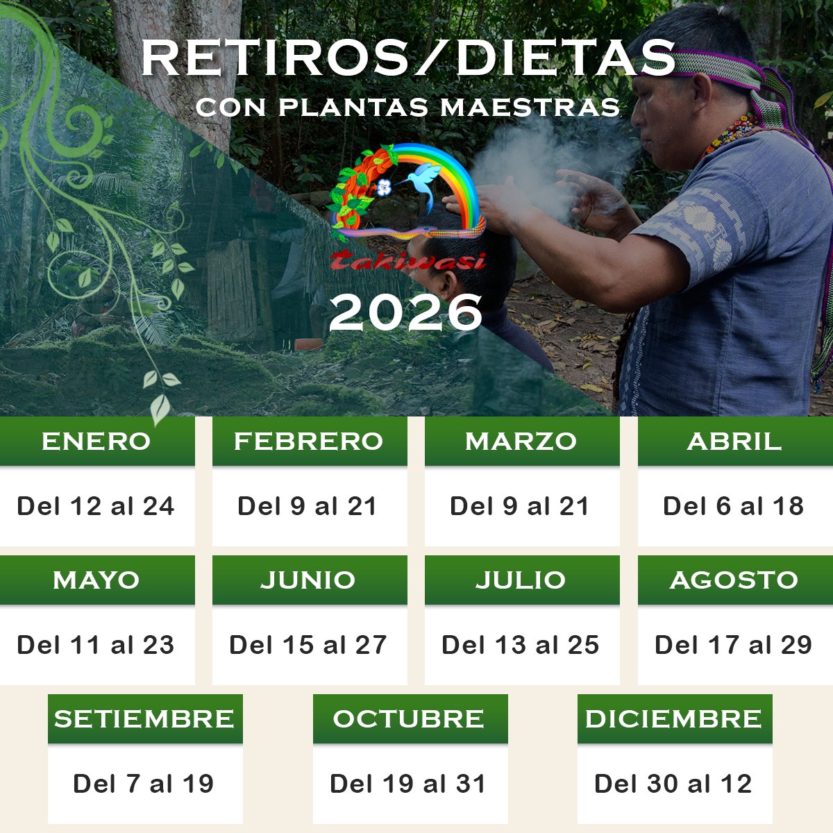 🌿✨𝐂𝐚𝐥𝐞𝐧𝐝𝐚𝐫𝐢𝐨 𝟐𝟎𝟐𝟔 – 𝐑𝐞𝐭𝐢𝐫𝐨𝐬/𝐃𝐢𝐞𝐭𝐚𝐬 𝐜𝐨𝐧 𝐏𝐥𝐚𝐧𝐭𝐚𝐬 𝐌𝐚𝐞𝐬𝐭𝐫𝐚𝐬  ✨🌿

👉 Más información: takiwasi.com/es/retiro-plan… 
👉 Inscripciones: takiwasi.com/es/retiro-plan… 

#MedicinaTradicional #PlantasMaestras #Amazonía