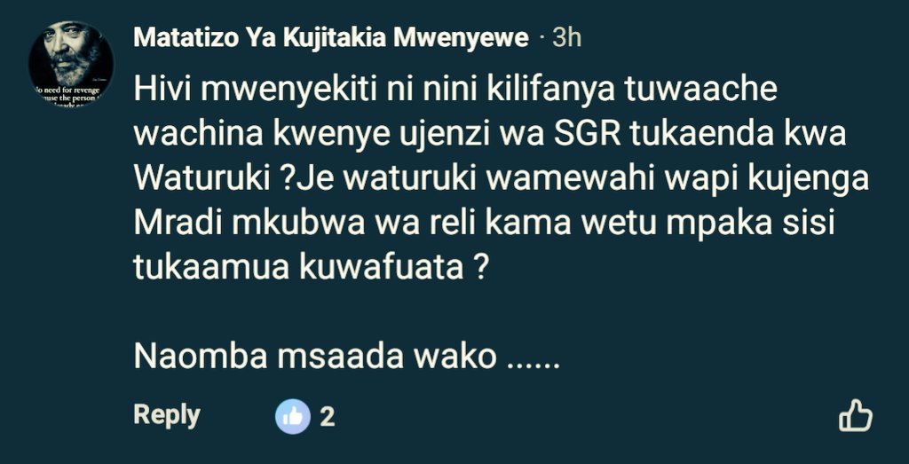 Huyu ni UVCCM kule Facebook, bila shaka amehoji kwanini Serikali ya Tanzania iliamua kuwapa Zabuni ya kujenga SGR Yapi Merkez (Waturuki) na kuwaacha Wakandarasi wa Kichina.

Bila shaka huyu UVCCM anahofia Performance ya Yapi Merkez katika Ujenzi wa Miradi mikubwa, na Bilashaka