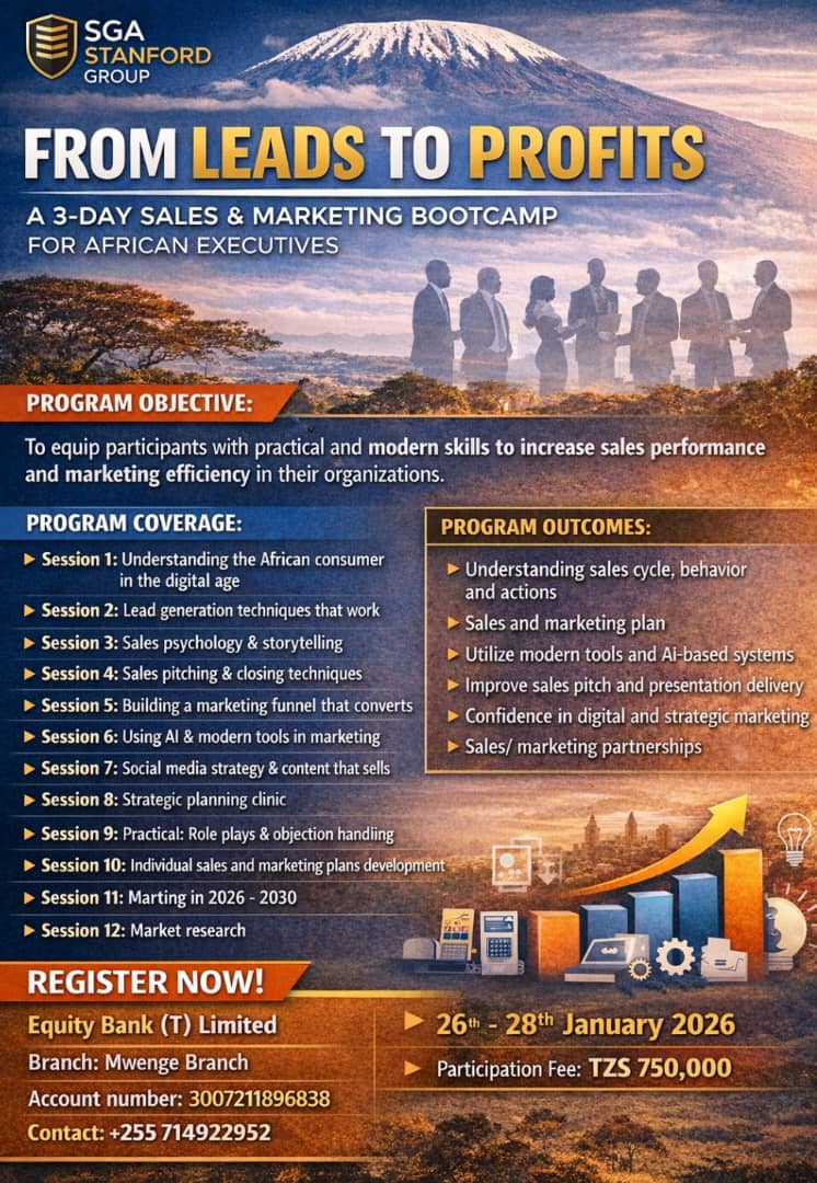 kipepe123's tweet photo. FROM LEADS TO PROFITS
3-Day Sales &amp; Marketing Bootcamp for African Executives

Are you generating leads but struggling to convert them into real profits?
@SGAStanford
Register now;
Bank: Equity Bank (T) Limited 
Branch: Mwenge Branch
Account: 3007211896838
Phone: +255 714 922 952 https://t.co/Y0l67WsOdI
