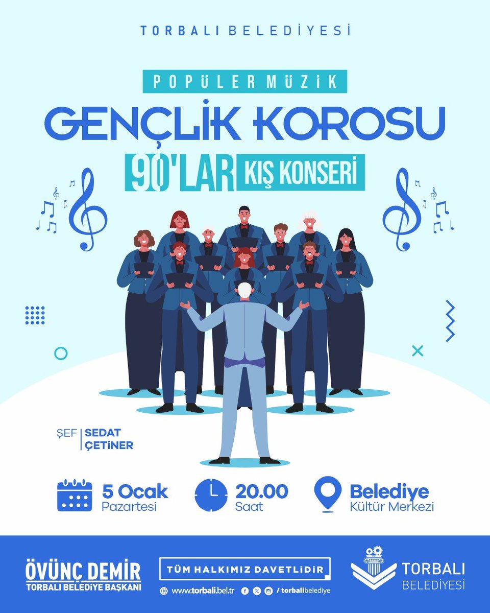 torbalibelediye's tweet photo. 90’ların unutulmaz şarkılarıyla nostalji dolu bir kış akşamına hazır mısınız? 🎶

Torbalı Belediyesi Popüler Müzik Gençlik Korosu, Şef Sedat Çetiner yönetiminde sahnede! 🎤

🗓 5 Ocak Pazartesi
⏰ 20.00
📍 Belediye Kültür Merkezi
✨ Tüm halkımız davetlidir. https://t.co/eM8BRl96TL