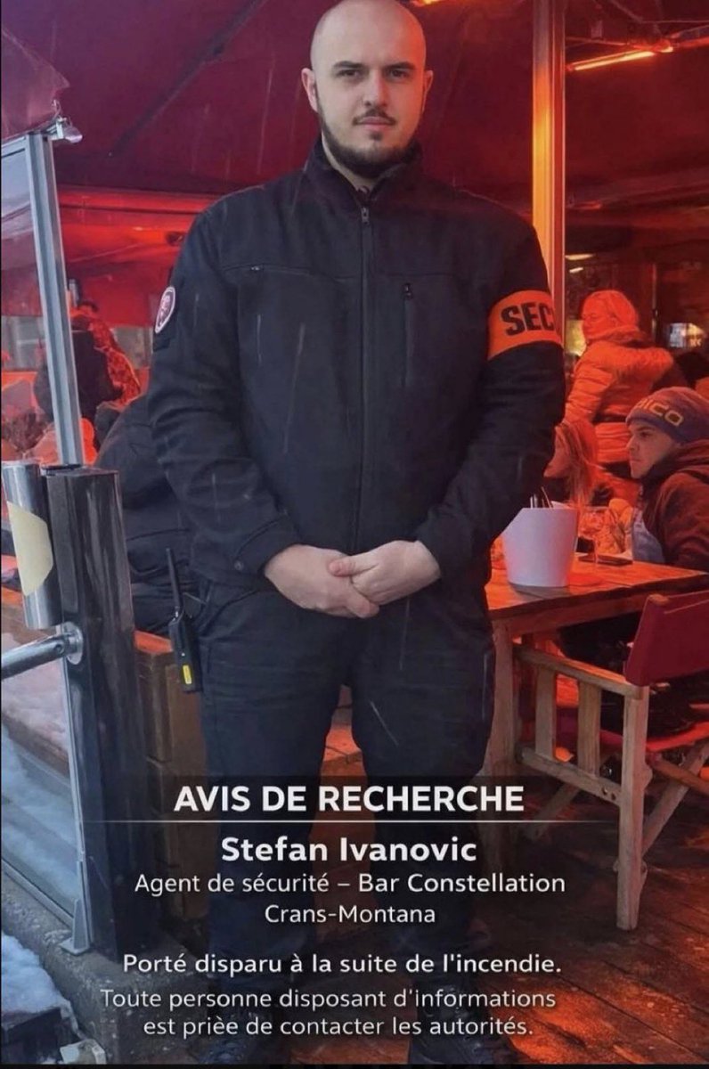 LeDirectInfo's tweet image. 🇨🇭 Stefan Ivanovic n'a pas donné signe de vie depuis l’incendie l'incendie à Crans-Montana.
Si vous l'avez vu ou si vous savez s'il a été pris en charge par les services d'urgence, veuillez contacter le 078 901 32 00 ou au 076 335 92 94

Pour suivre l’actualité suivez nous