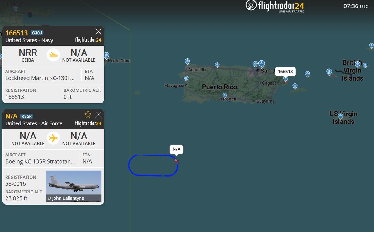 vcdgf555's tweet image. Tankers on the deck at Ceiba/Roosevelt Roads as well as in the air off Puerto Rico. No callsigns.

🇺🇸 USMC KC-130J 166513 #AE130C
🇺🇸 USAF KC-135R 58-0016 #AE058D