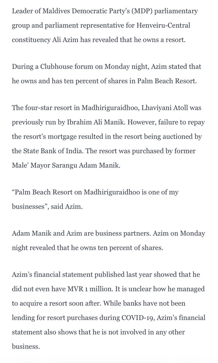 yellownationmv's tweet photo. It is questionable how @aliaazim has acquired shares in these resorts. Is this MMPRC money laundering? Going into a public post ali needs to clear these doubts. Where are the journalists in the country? https://t.co/dWXNbLrb4d