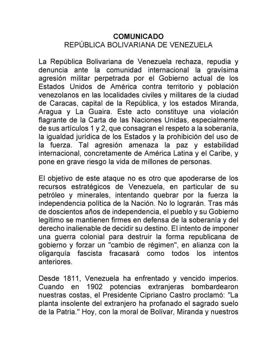 jpmasespanol's tweet image. Venezuela “declara el estado de Conmoción Exterior en todo el territorio nacional, para proteger los derechos de la población, el funcionamiento pleno de las instituciones republicanas y pasar de inmediato a la lucha armada”, tras agresión militar perpetrada por Estados Unidos.