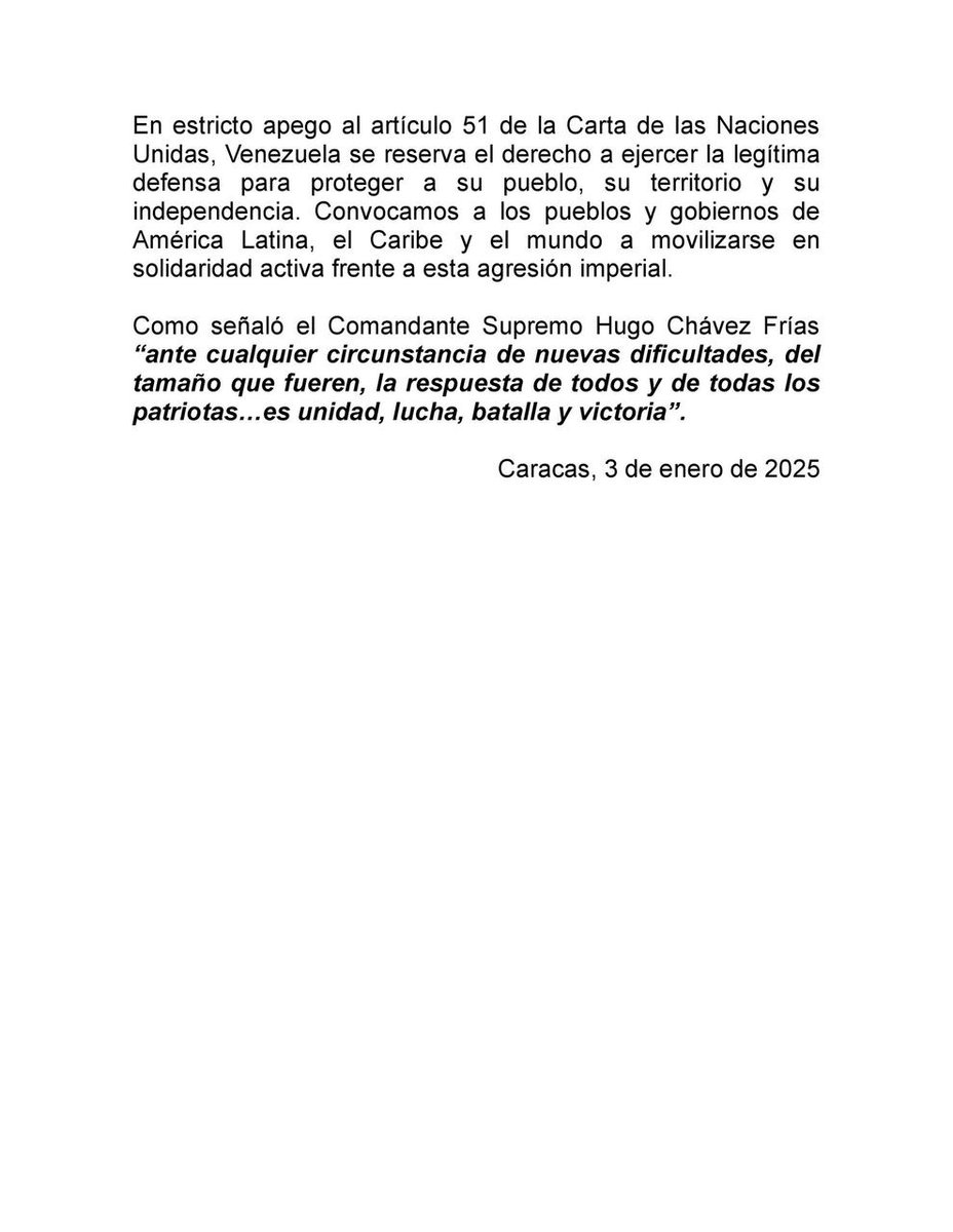 jpmasespanol's tweet image. Venezuela “declara el estado de Conmoción Exterior en todo el territorio nacional, para proteger los derechos de la población, el funcionamiento pleno de las instituciones republicanas y pasar de inmediato a la lucha armada”, tras agresión militar perpetrada por Estados Unidos.