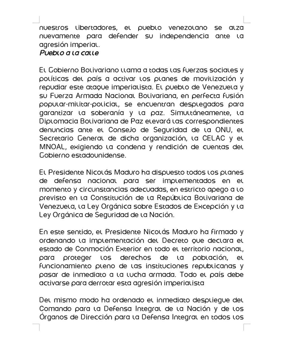 #ÚLTIMAHORA | Gobierno de Venezuela emite un comunicado oficial tras la agresión militar por parte de #EstadosUnidos en #Caracas y los estados Miranda, Aragua y La Guaira.

El presidente Nicolás Maduro decretó estado de Conmoción Exterior y convocó a la defensa nacional.