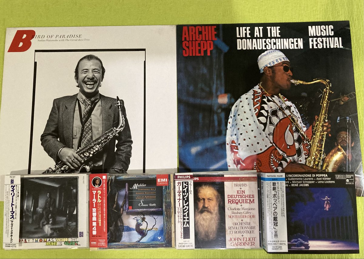 Yamaguci1971's tweet photo. ユニオンからこの音盤たちを当家にお迎えしました。
#渡辺貞夫 #BirdsOfParadise
#ArchieShepp #LiveAtTheDonaueschingenMusicFestival
#GaryThomas #WhileTheGateIsOpen
#GustavMahler #SymphonyNo4
#JohannesBrahms #EinDeutschesRequiem
#ClaudioMonteverdi #LincoronazioneDiPoppea https://t.co/f02GfZFdK5
