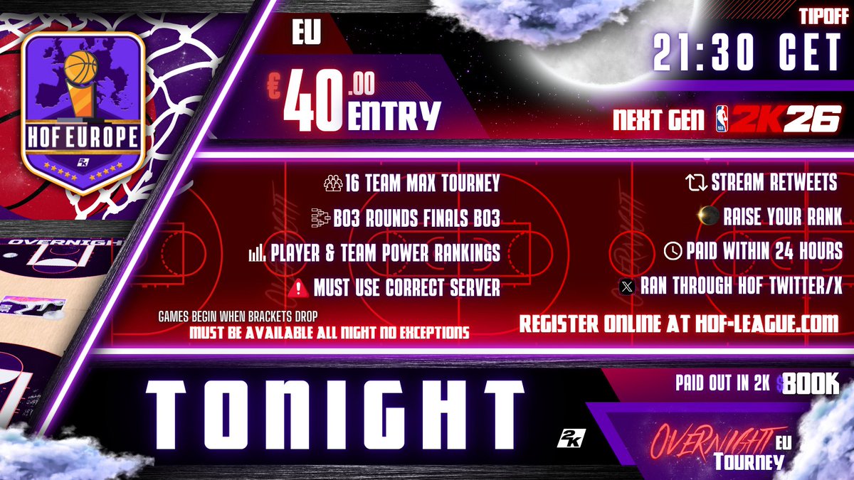 HOFWorld2K's tweet image. 🏆EU OVN registration is live! 

🚨 Signups due by at 21:00 CET

🌒 Brackets drop at 21:30 CET

🔘Every round is a BO3 through finals 

▶️ Register Now: hof-league.com/eu-register/

@DangerrFT @youFamousEnough @DirtyGraphics @iNetworkSports #OVN