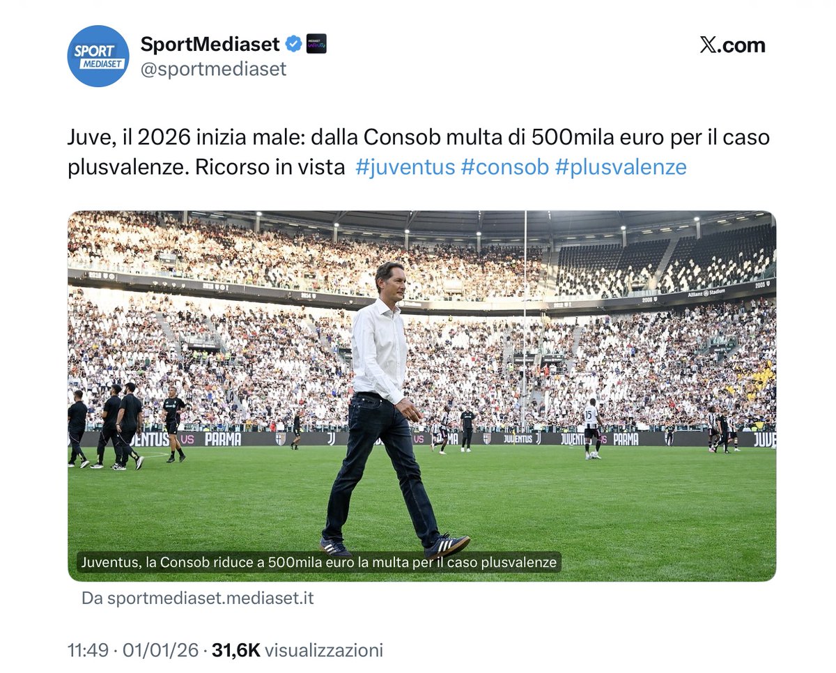 ZZiliani's tweet image. Anno nuovo, vita vecchia: la Juventus inizia il 2026 multata di mezzo milione dalla Consob che giudica irregolari anche i suoi nuovi bilanci. E il verdetto al TAR del 30 giugno si avvicina...
La CONSOB non si sbagliava nel 2023 quando sul capo di Madama si scatenò l'inferno, non…