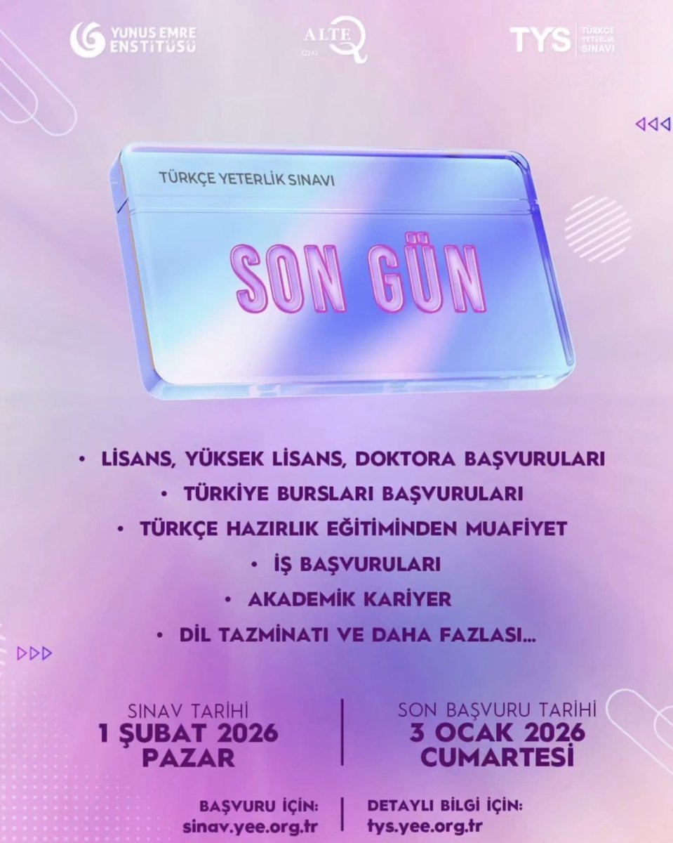 🇷🇴 Ultima zi în care vă puteți înscrie la Examenul de Competență Lingvistică #TYS, primul și singurul examen certificat de ALTE pentru limba turcă. 

Data examenului: 1 Februarie 2026
Data limită de înscriere: 03 Ianuarie 2026
Pentru înscriere: sinav.yee.org.tr
Pentru