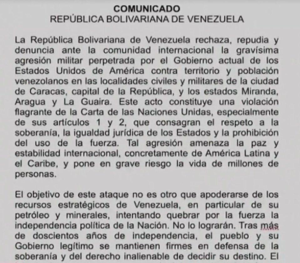 BasedUnion's tweet image. 🚨🇻🇪🇺🇸 The U.S. Violates International Law in Venezuela—

Official statement below

The Bolivarian Republic of Venezuela rejects, repudiates, and denounces to the international community the grave military aggression perpetrated by the current Government of the United States of…