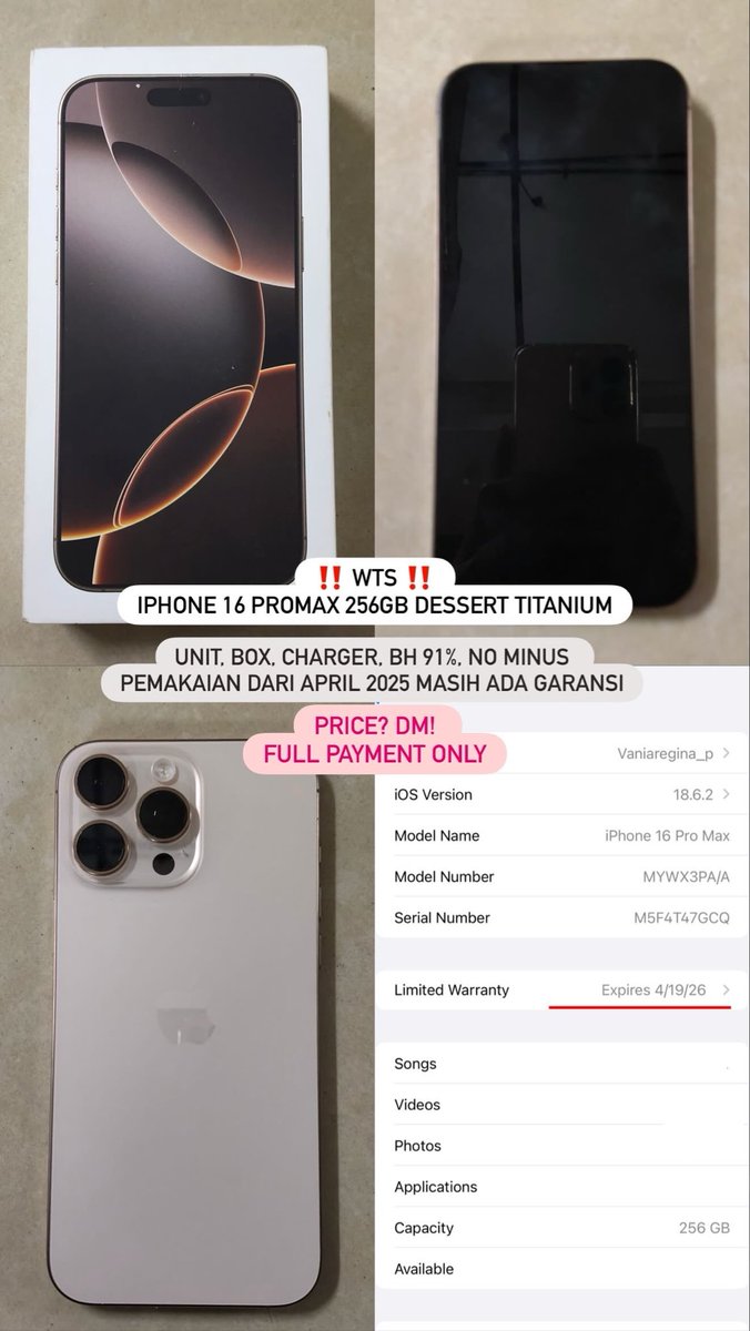 WTS Iphone Promax 16 256GB Dessert Titanium‼️
- Unit, Box, Charger
- Battery Helath 91% 
- No Minus
• Pemakaian dari April 2025 (Garansi Resmi)

Bisa DM ke IG: vaniaregina_p